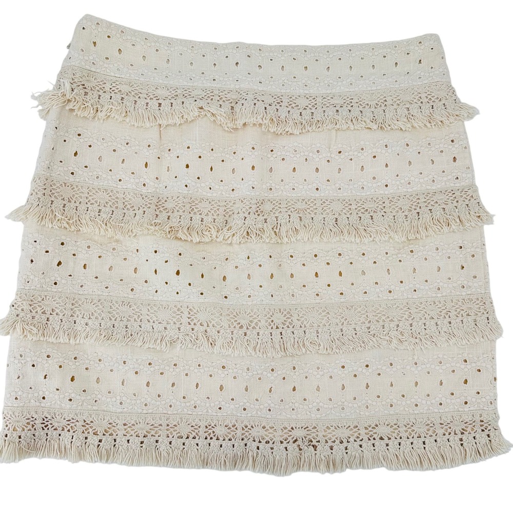 HD in Paris Anthropologie Ivory‎ Linen Eyelet Lace Fringe Tiered Mini Skirt 8